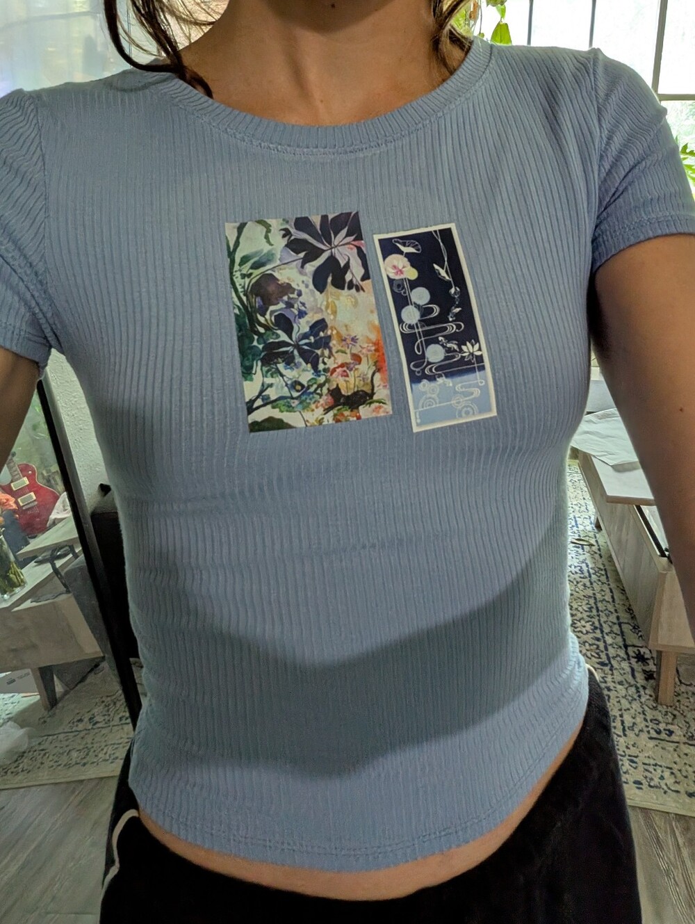 Custom Light Blue Ribbed Short-Sleeve Fitted Tee with Floral And Cat Graphics